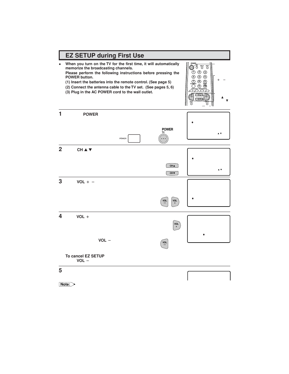 Ez setup during first use, Press vol k / l to access the ez setup screen | Sharp 32C540 User Manual | Page 9 / 47