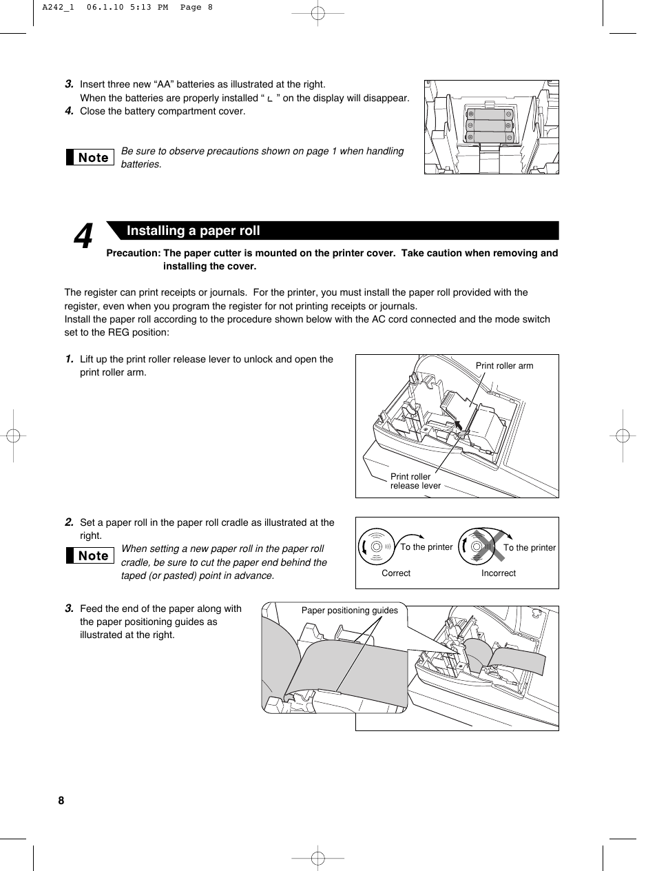 Installing a paper roll | Sharp ER-A242 User Manual | Page 10 / 72