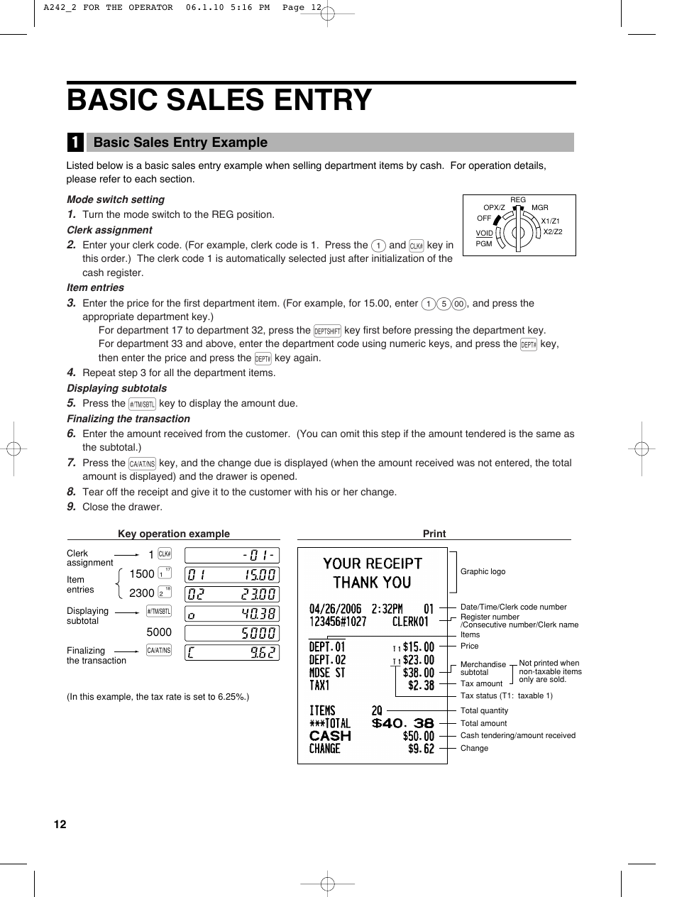 Basic sales entry, Basic sales entry example | Sharp ER-A242 User Manual | Page 14 / 72