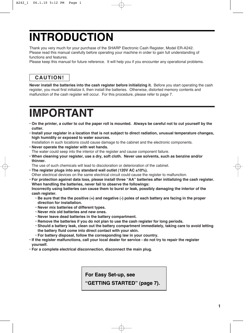 Introduction, Important, English | Sharp ER-A242 User Manual | Page 3 / 72