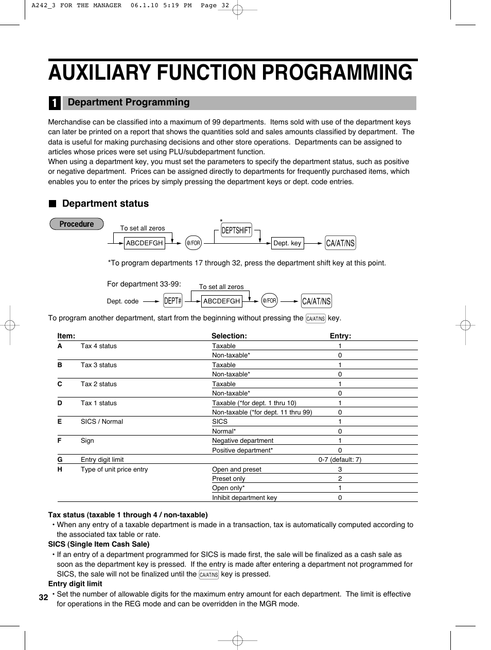 Auxiliary function programming, Department status, Department programming | Sharp ER-A242 User Manual | Page 34 / 72