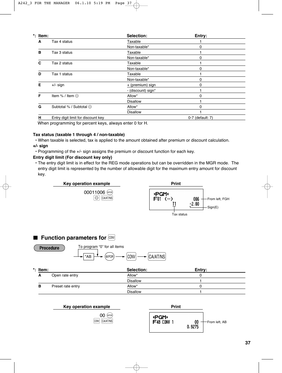 Function parameters for | Sharp ER-A242 User Manual | Page 39 / 72