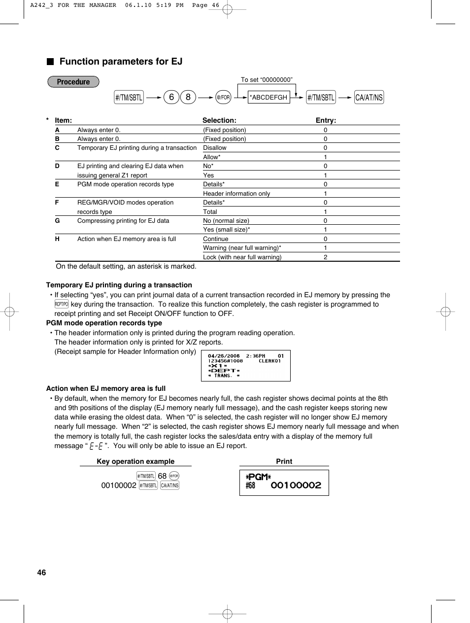Function parameters for ej | Sharp ER-A242 User Manual | Page 48 / 72