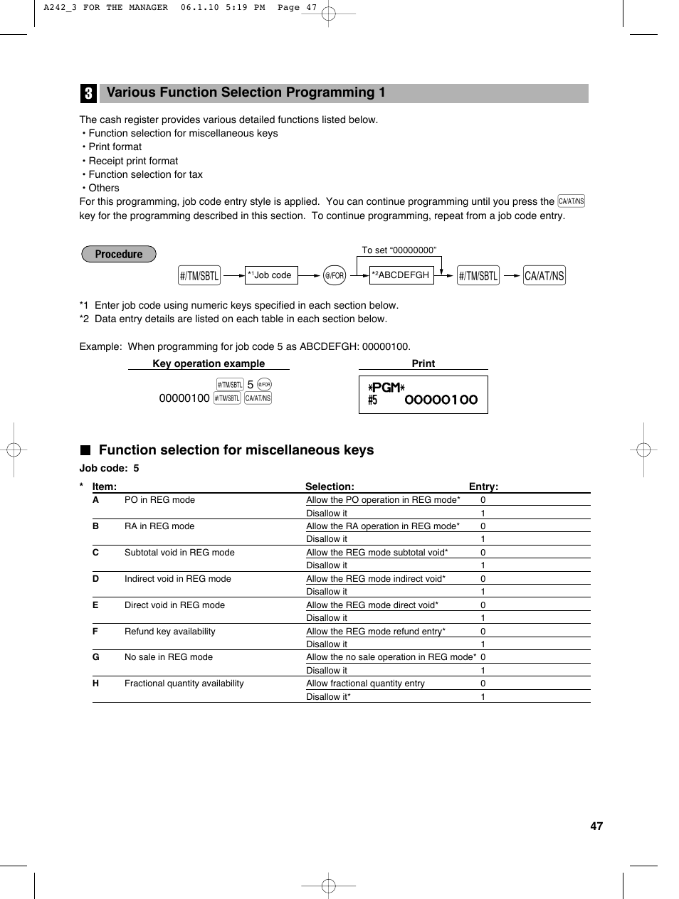 Function selection for miscellaneous keys, Various function selection programming 1 | Sharp ER-A242 User Manual | Page 49 / 72