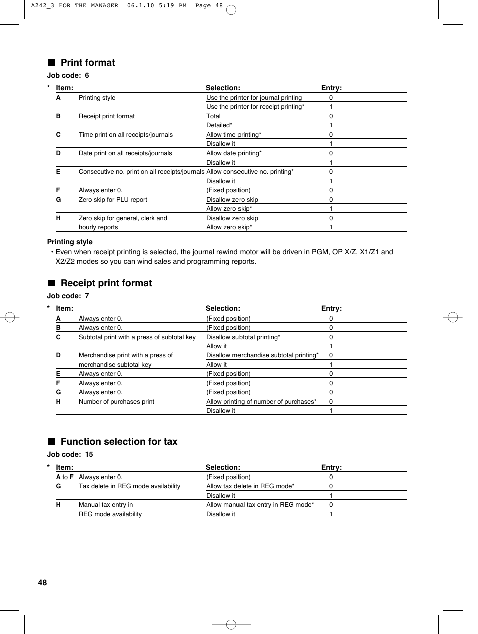 Print format, Receipt print format, Function selection for tax | Sharp ER-A242 User Manual | Page 50 / 72