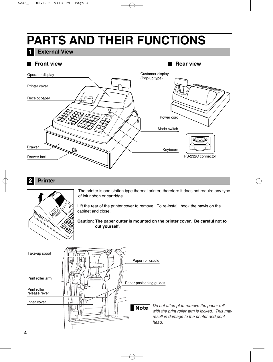 Parts and their functions, Front view rear view external view, Printer | Sharp ER-A242 User Manual | Page 6 / 72