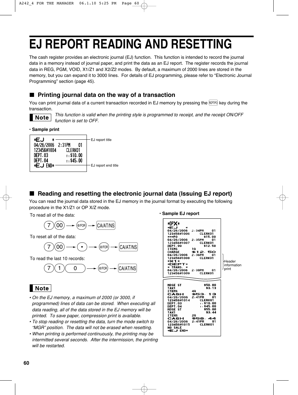 Ej report reading and resetting, A@ 710, A@ 7 | Sharp ER-A242 User Manual | Page 62 / 72