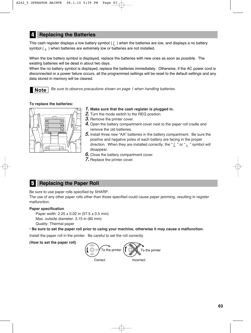 Replacing the paper roll, Replacing the batteries | Sharp ER-A242 User Manual | Page 65 / 72