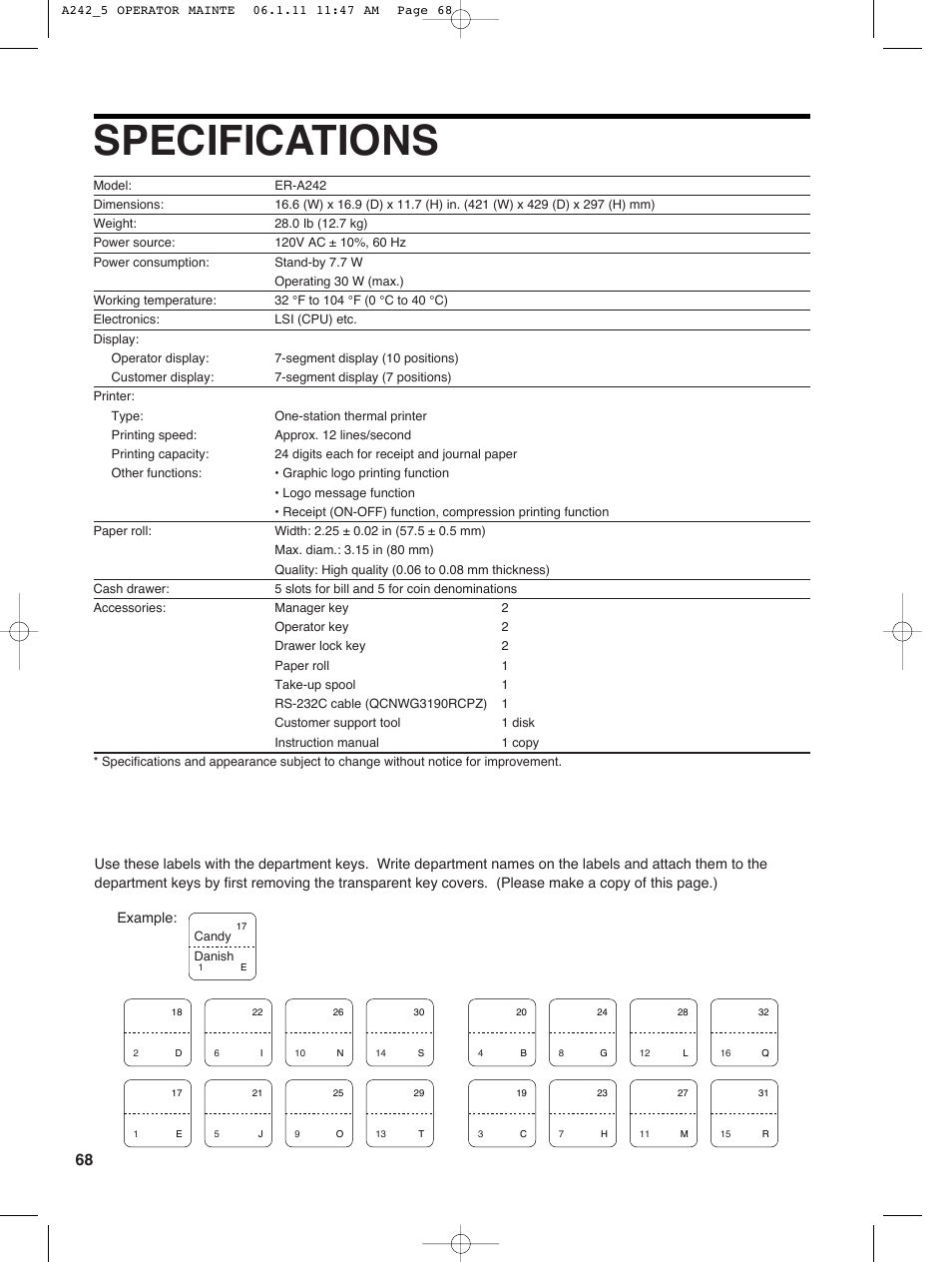 Specifications | Sharp ER-A242 User Manual | Page 70 / 72