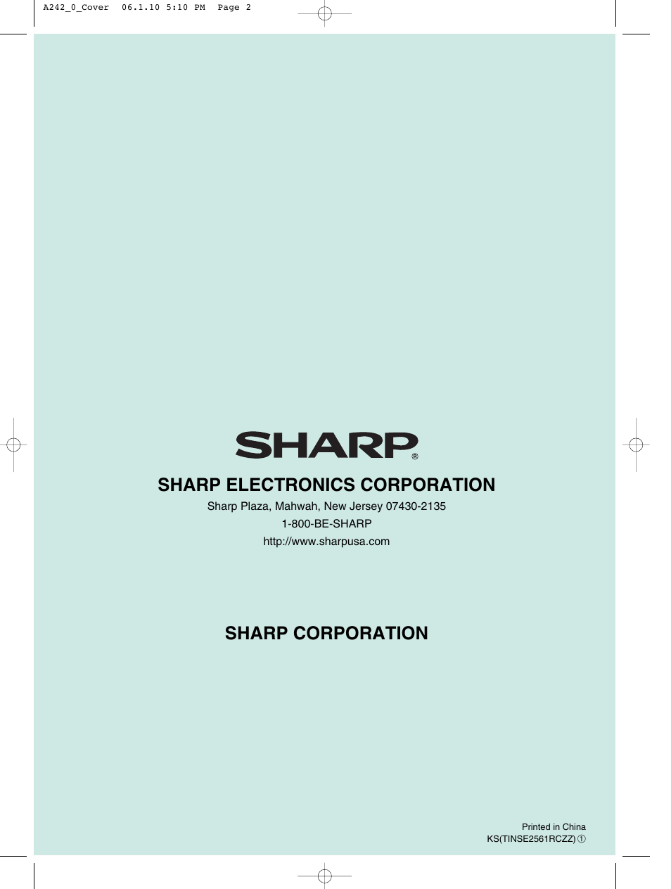 Sharp electronics corporation sharp corporation | Sharp ER-A242 User Manual | Page 72 / 72