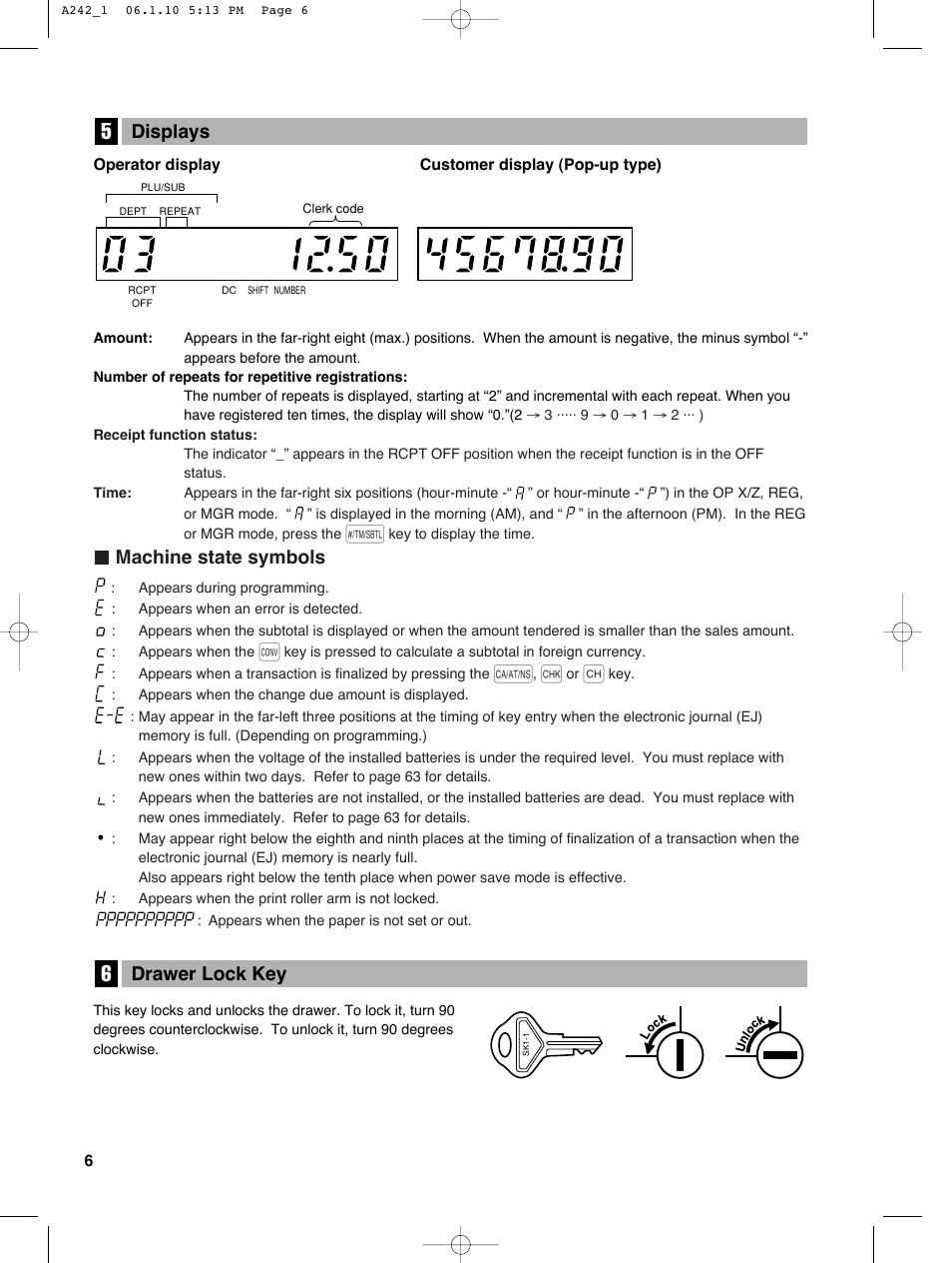 Drawer lock key, Machine state symbols, Displays | Sharp ER-A242 User Manual | Page 8 / 72