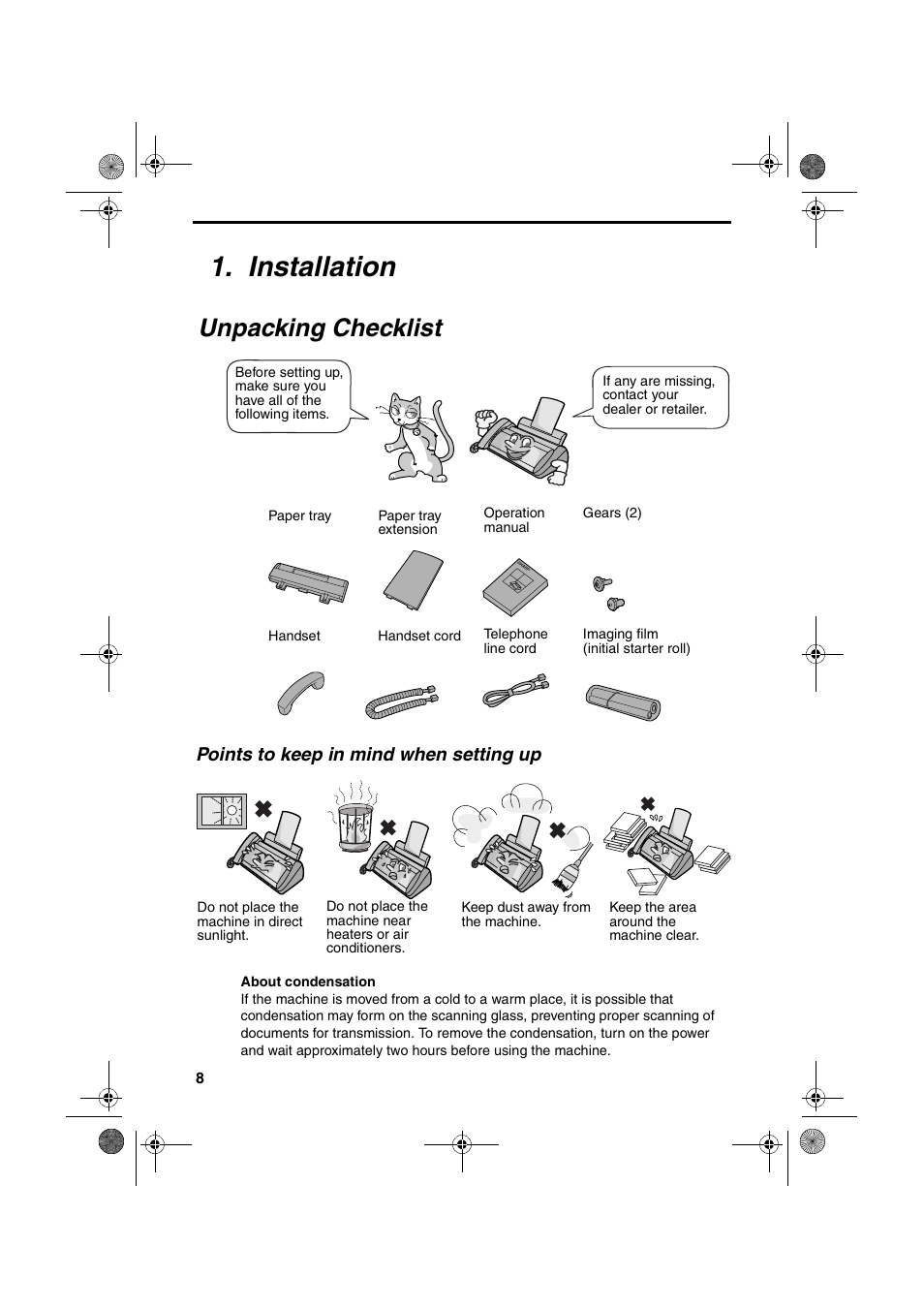 Installation, Unpacking checklist | Sharp UX-A255 User Manual | Page 10 / 112
