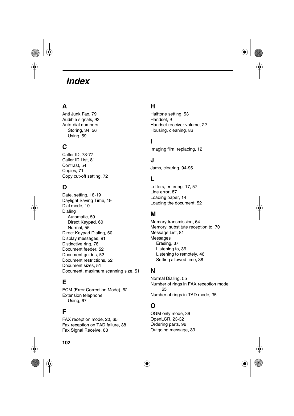 Index | Sharp UX-A255 User Manual | Page 104 / 112