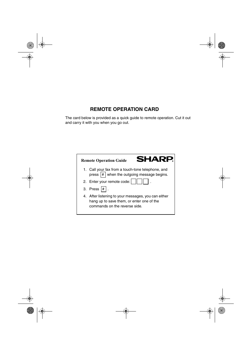 Remote operation card | Sharp UX-A255 User Manual | Page 109 / 112