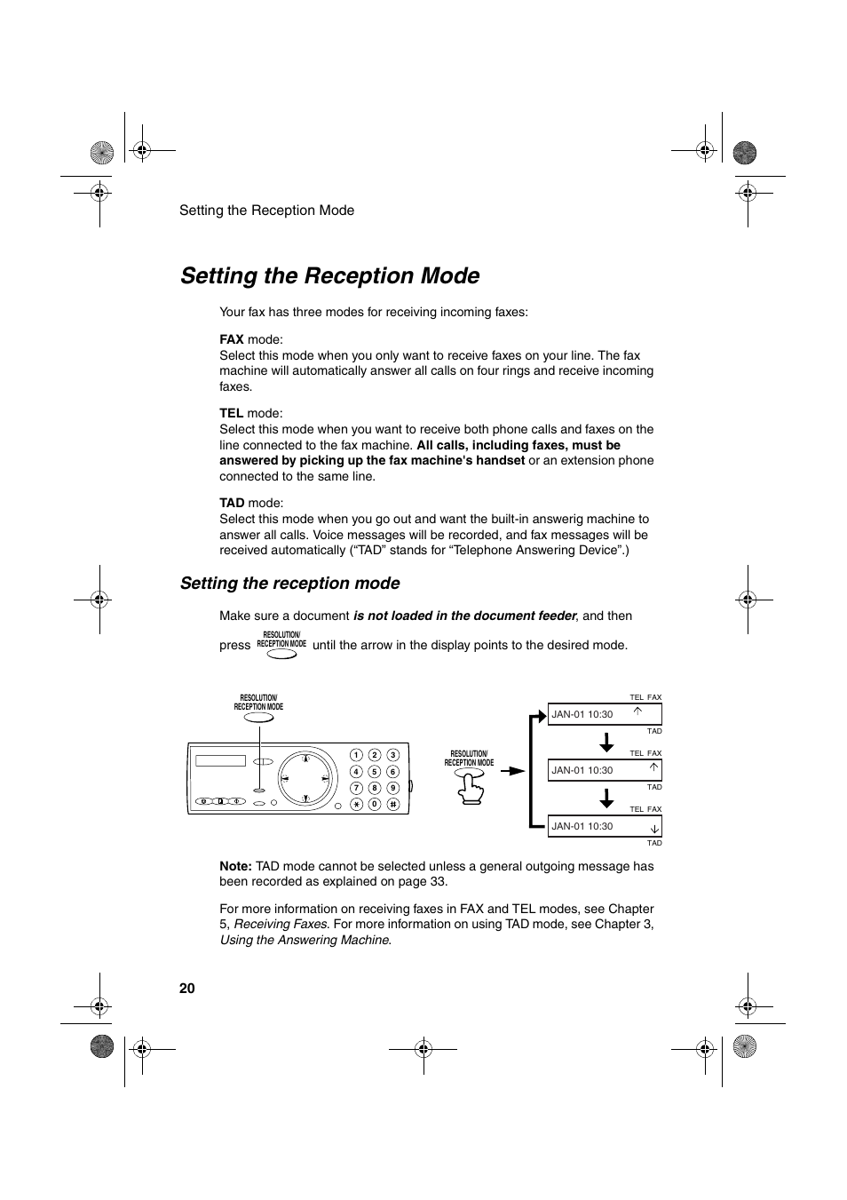 Setting the reception mode, Setting the reception mode 20 | Sharp UX-A255 User Manual | Page 22 / 112