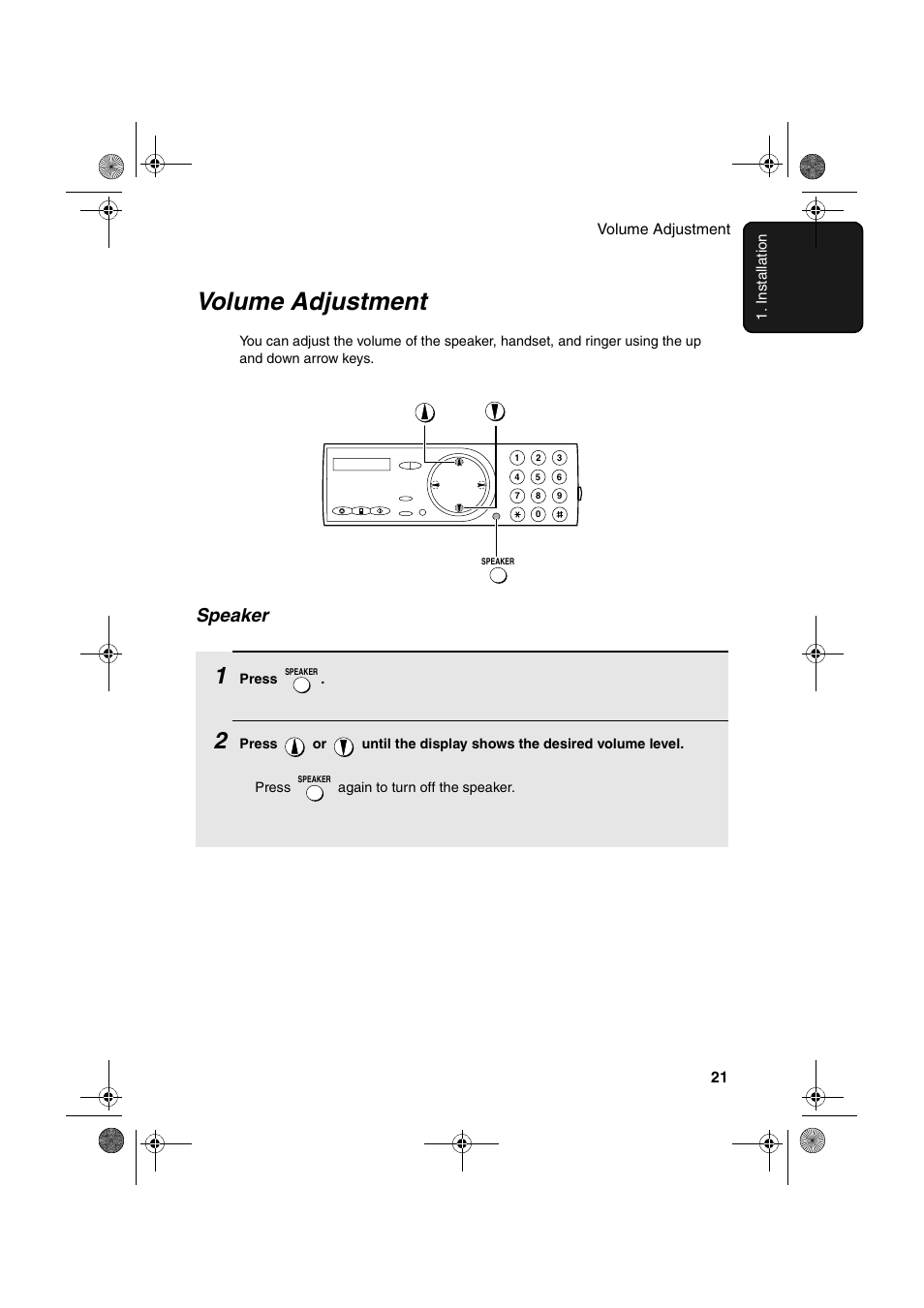 Volume adjustment, Speaker | Sharp UX-A255 User Manual | Page 23 / 112