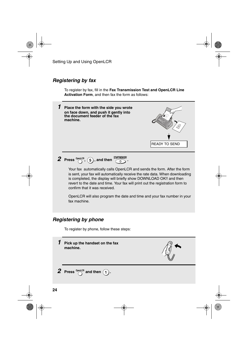 Registering by phone, Registering by fax | Sharp UX-A255 User Manual | Page 26 / 112