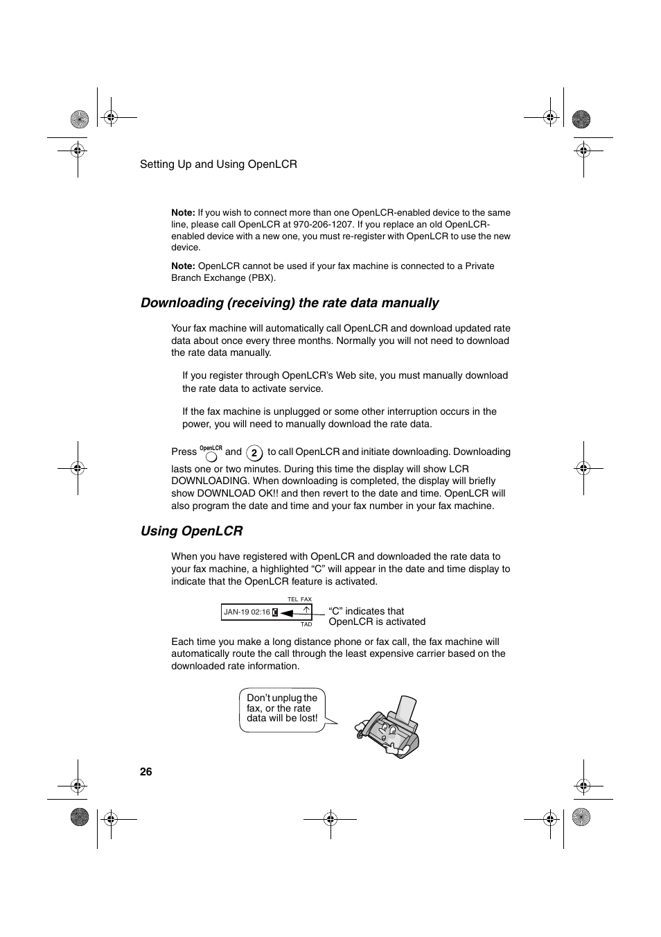 Downloading (receiving) the rate data manually, Using openlcr | Sharp UX-A255 User Manual | Page 28 / 112