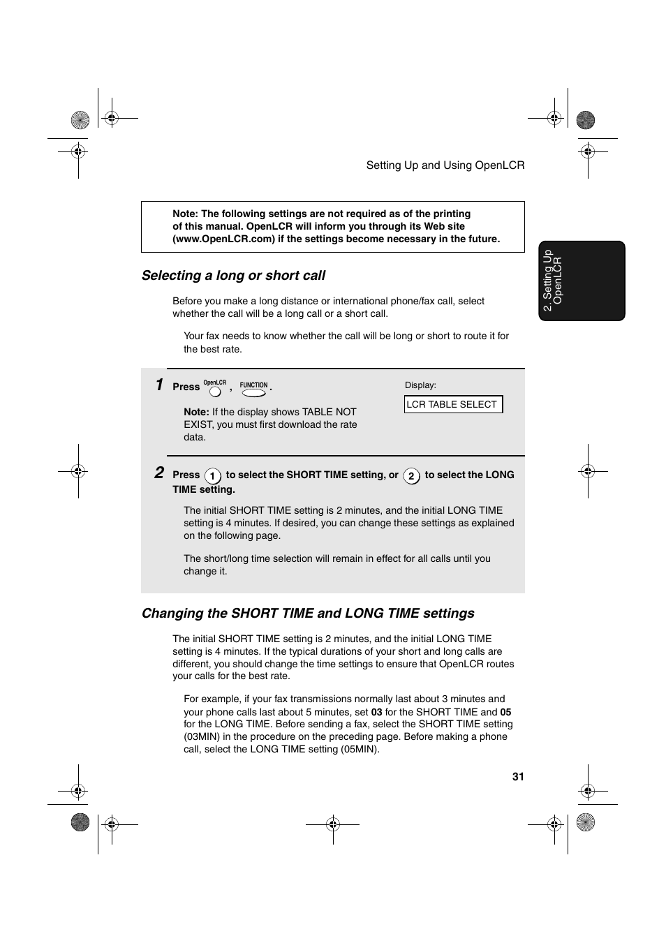 Selecting a long or short call, Changing the short time and long time settings | Sharp UX-A255 User Manual | Page 33 / 112