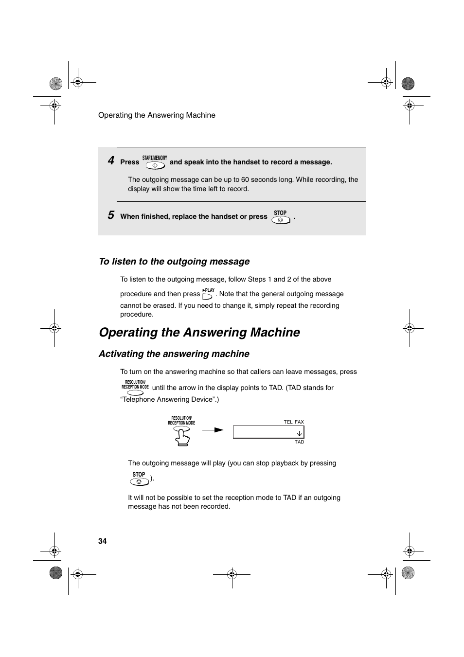 Operating the answering machine, Activating the answering machine | Sharp UX-A255 User Manual | Page 36 / 112