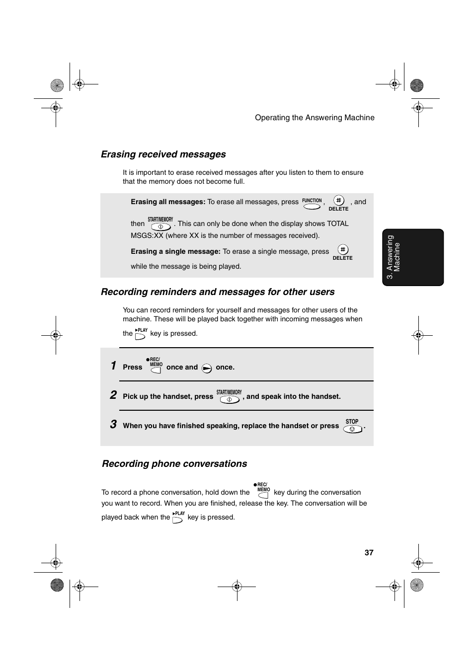 Erasing received messages, Recording reminders and messages for other users, Recording phone conversations | Sharp UX-A255 User Manual | Page 39 / 112