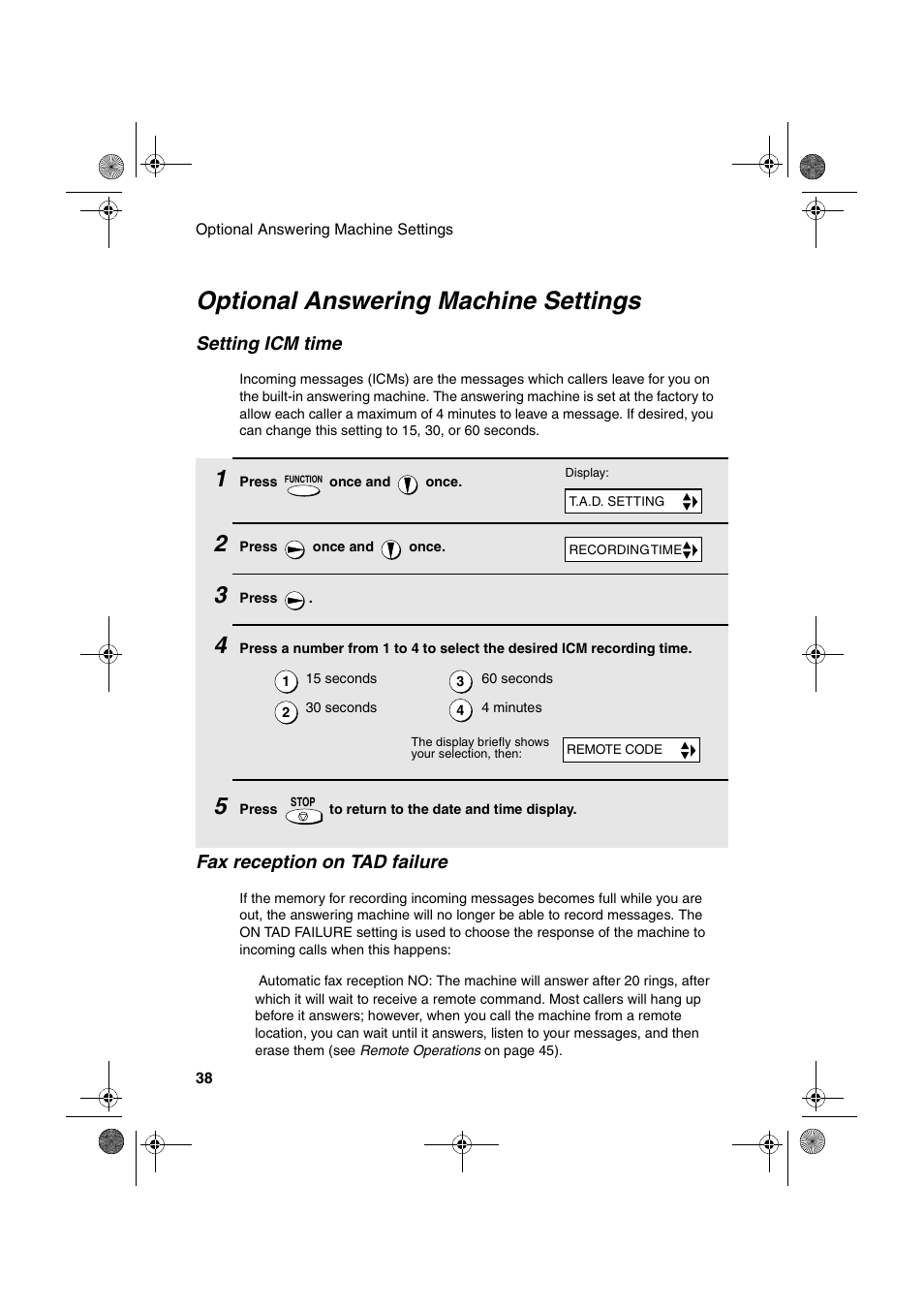Optional answering machine settings, Setting icm time, Fax reception on tad failure | Sharp UX-A255 User Manual | Page 40 / 112