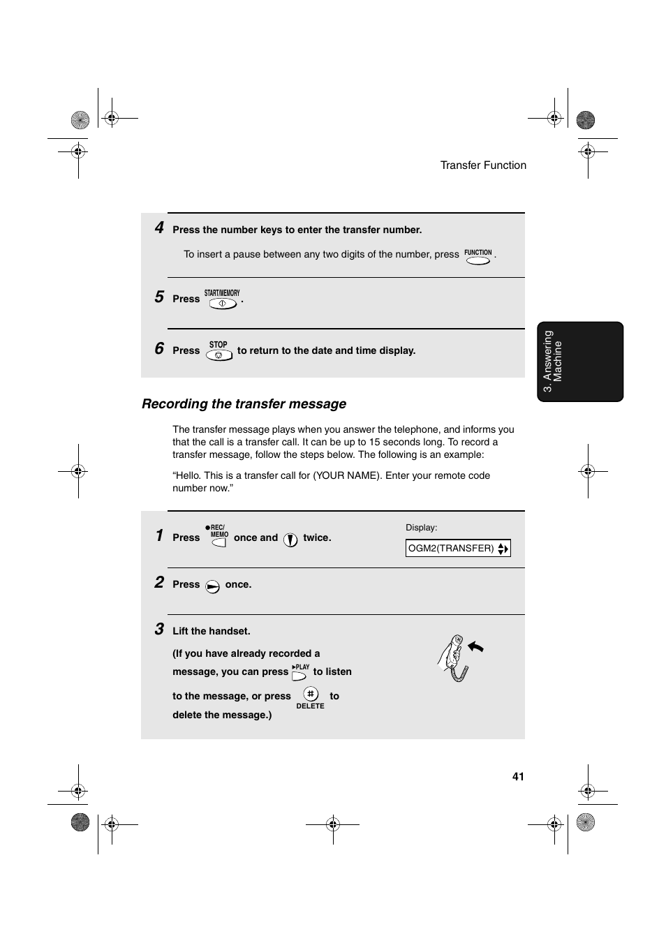 Recording the transfer message | Sharp UX-A255 User Manual | Page 43 / 112