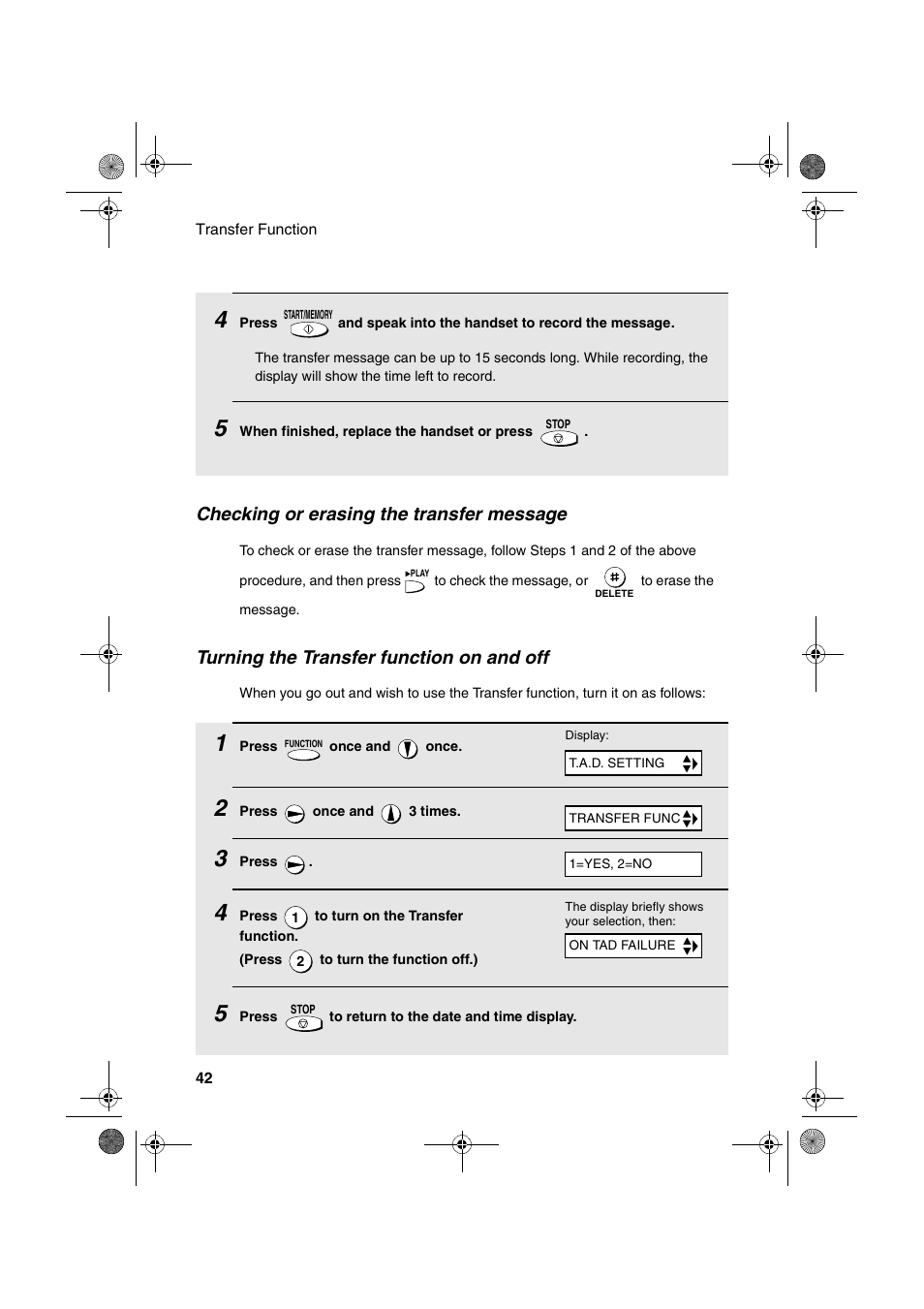 Checking or erasing the transfer message, Turning the transfer function on and off | Sharp UX-A255 User Manual | Page 44 / 112