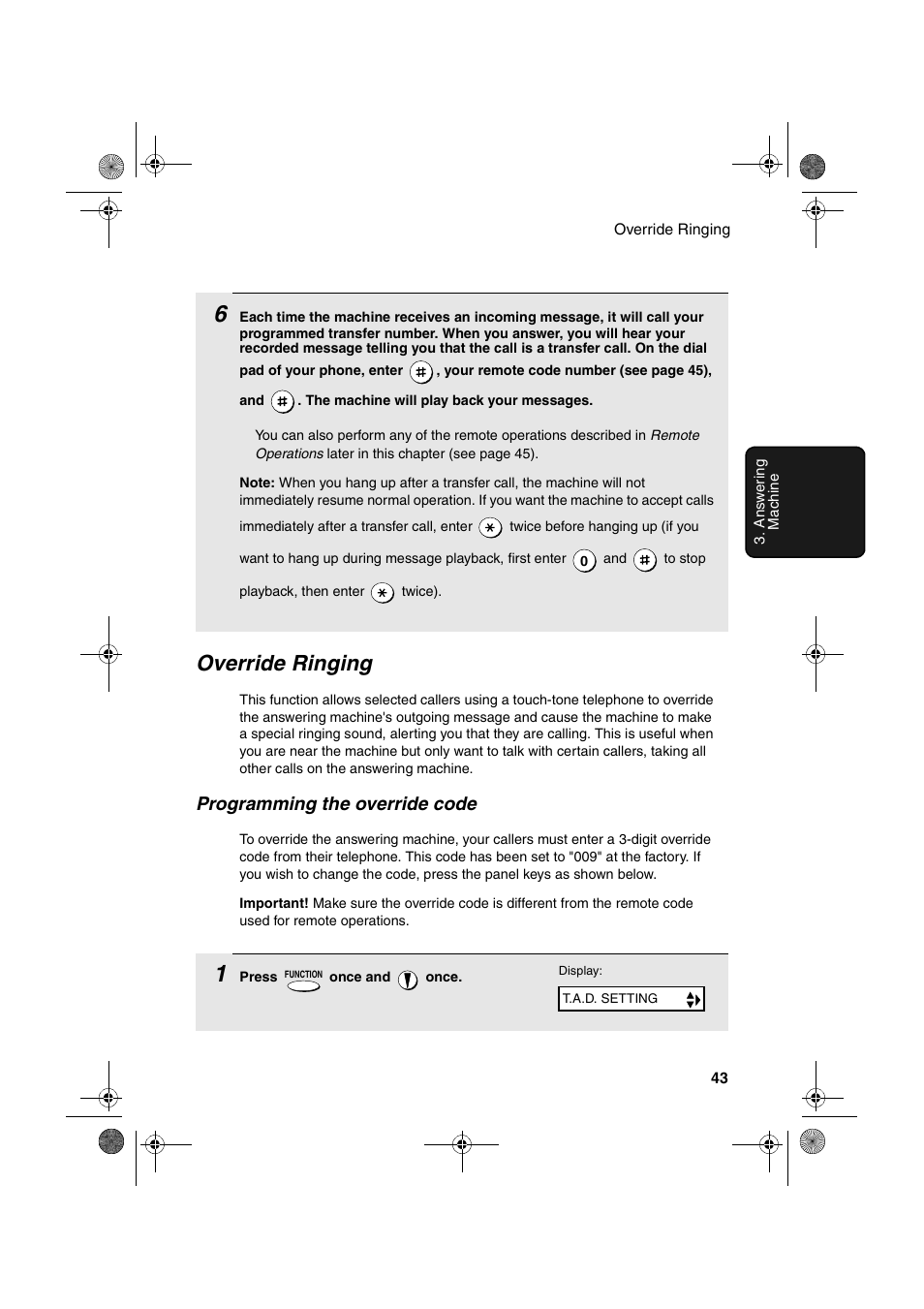 Override ringing, Programming the override code | Sharp UX-A255 User Manual | Page 45 / 112