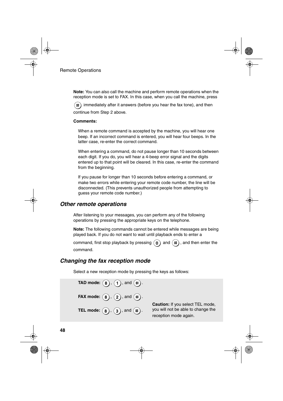 Other remote operations, Changing the fax reception mode | Sharp UX-A255 User Manual | Page 50 / 112