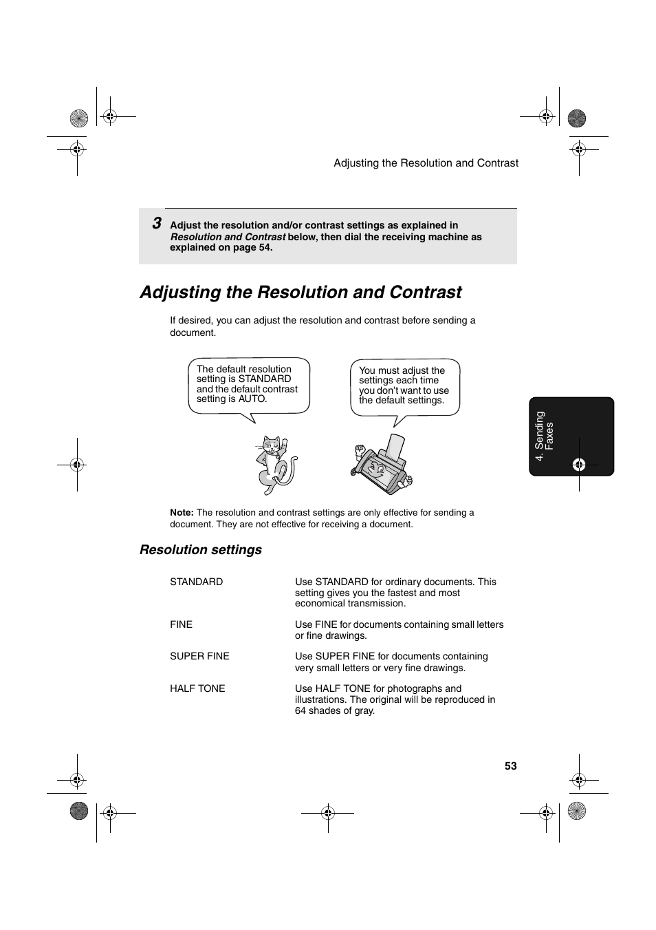 Adjusting the resolution and contrast, Resolution settings | Sharp UX-A255 User Manual | Page 55 / 112