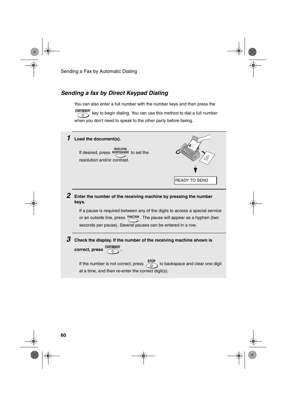 Sending a fax by direct keypad dialing | Sharp UX-A255 User Manual | Page 62 / 112