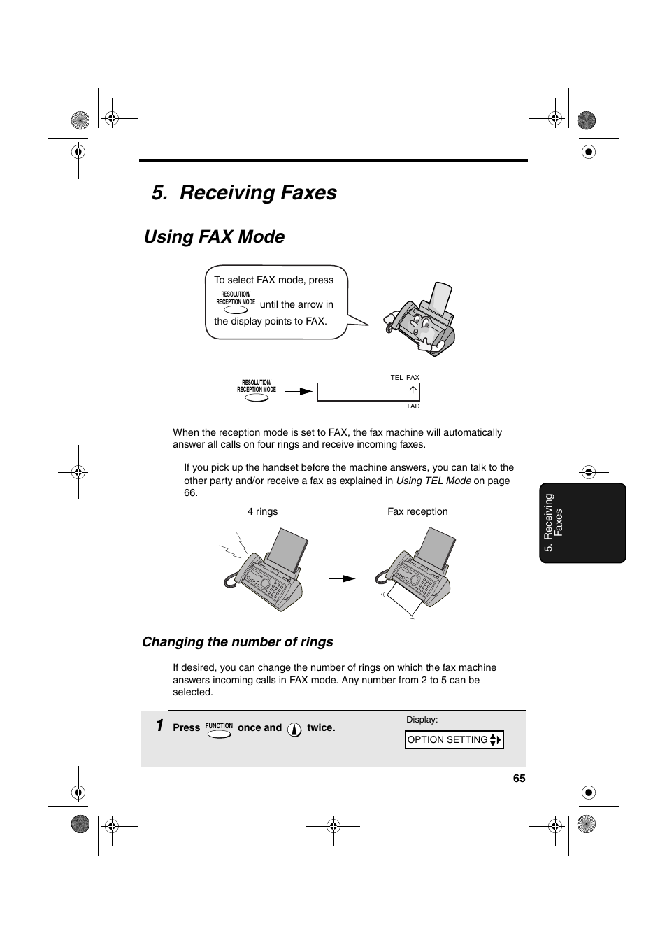 Receiving faxes, Using fax mode, Changing the number of rings | Sharp UX-A255 User Manual | Page 67 / 112