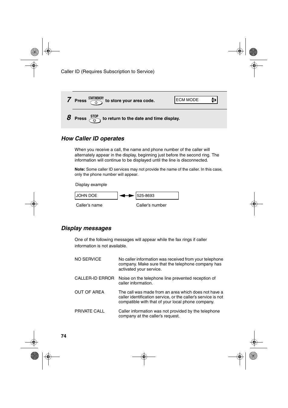 How caller id operates, Display messages | Sharp UX-A255 User Manual | Page 76 / 112