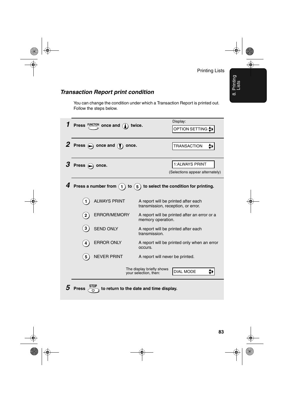 Transaction report print condition | Sharp UX-A255 User Manual | Page 85 / 112