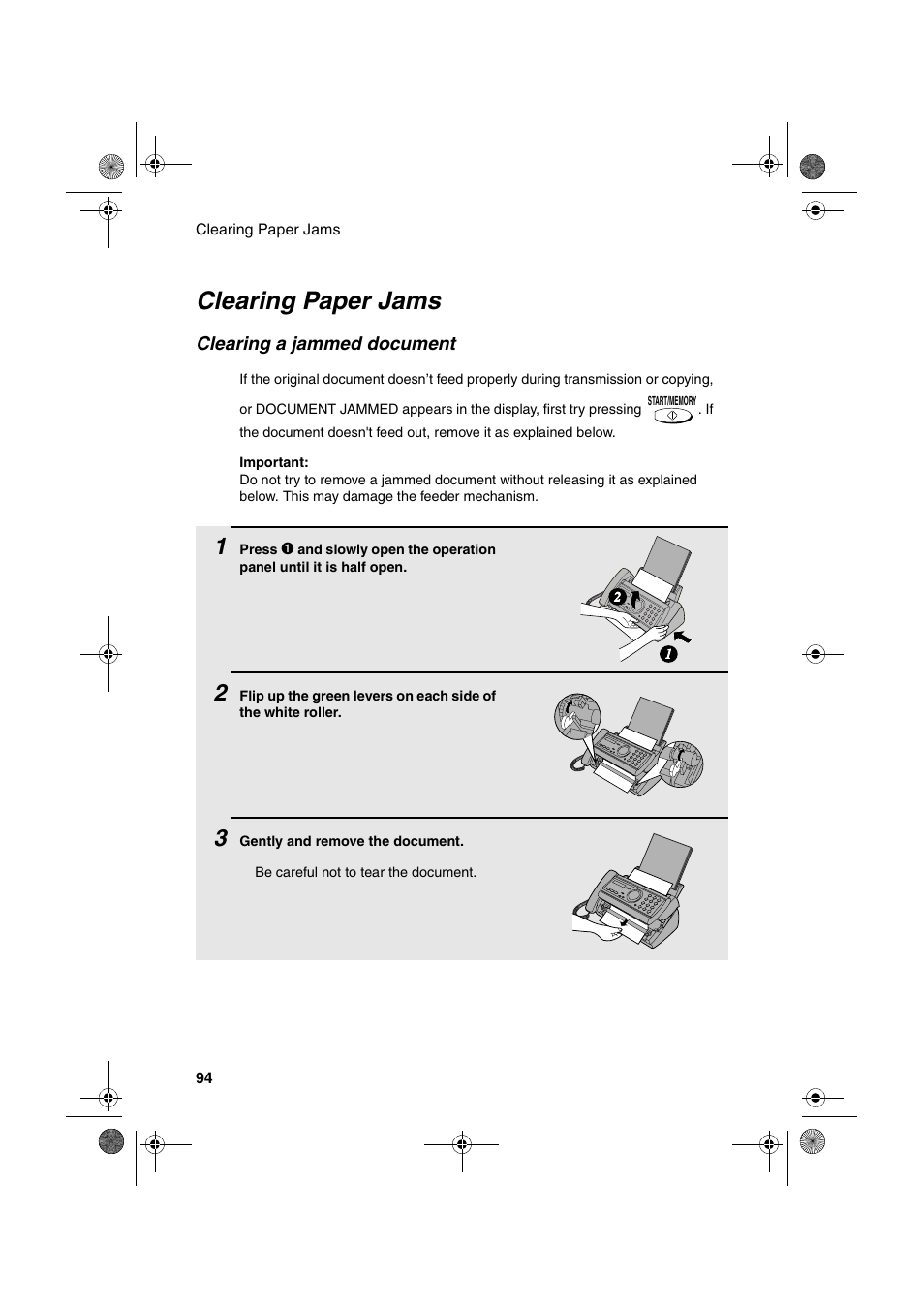 Clearing paper jams | Sharp UX-A255 User Manual | Page 96 / 112