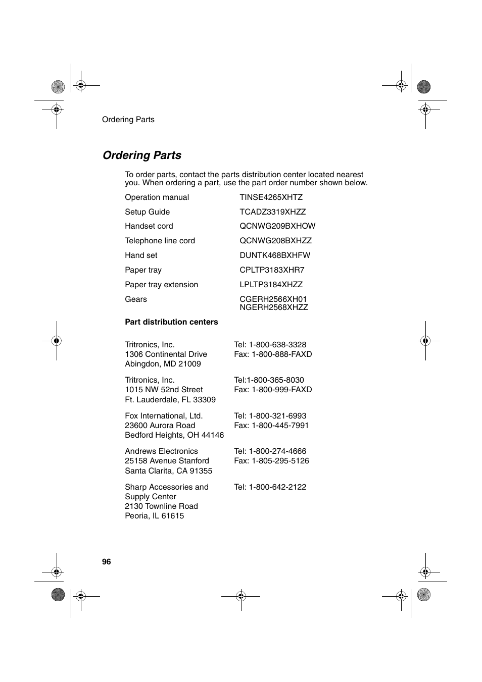 Ordering parts | Sharp UX-A255 User Manual | Page 98 / 112