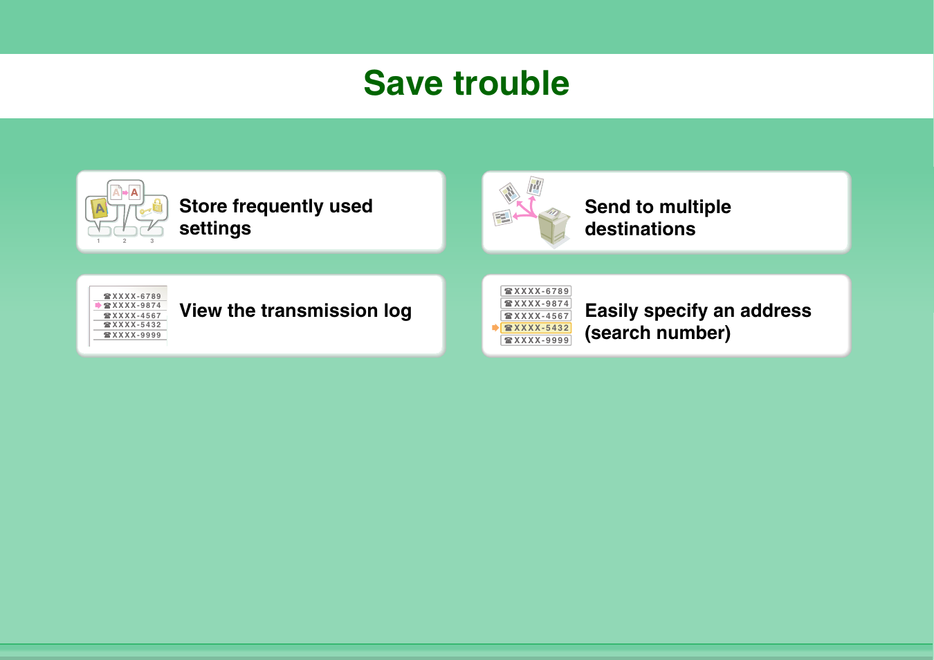 Save trouble, View the transmission log, Easily specify an address (search number) | Sharp MX-C401 User Manual | Page 175 / 849