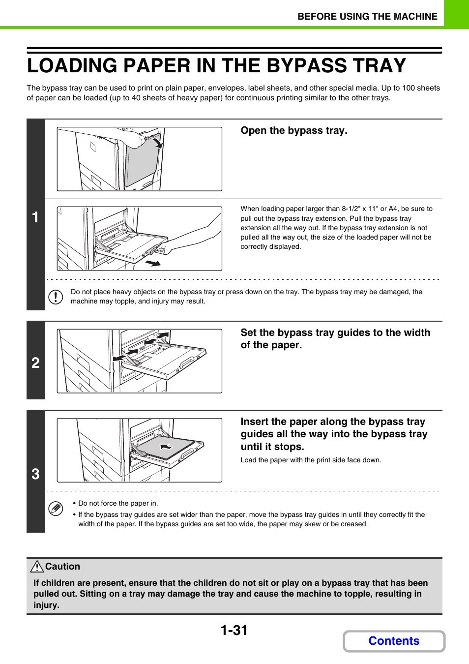 Loading paper in the bypass tray -31, Loading paper in the bypass tray | Sharp MX-C401 User Manual | Page 222 / 849