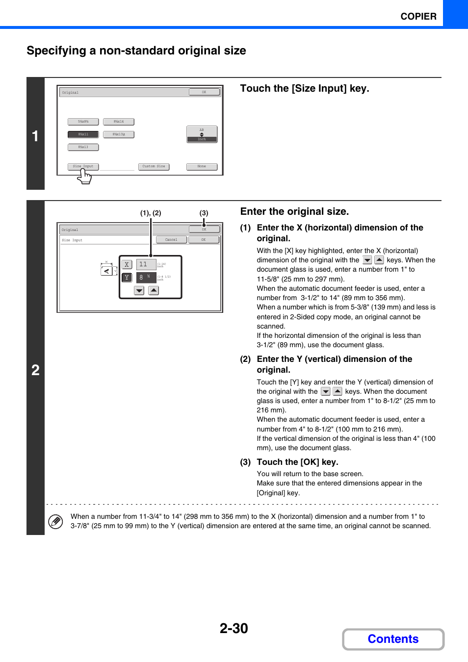 Contents specifying a non-standard original size, Touch the [size input] key, Enter the original size | Copier, 3) touch the [ok] key | Sharp MX-C401 User Manual | Page 266 / 849