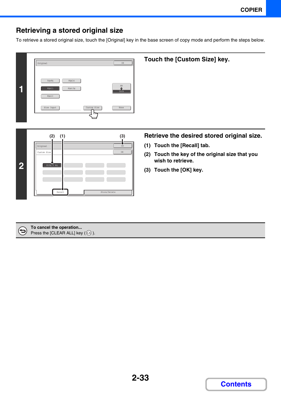 Contents retrieving a stored original size, Touch the [custom size] key, Retrieve the desired stored original size | Copier | Sharp MX-C401 User Manual | Page 269 / 849