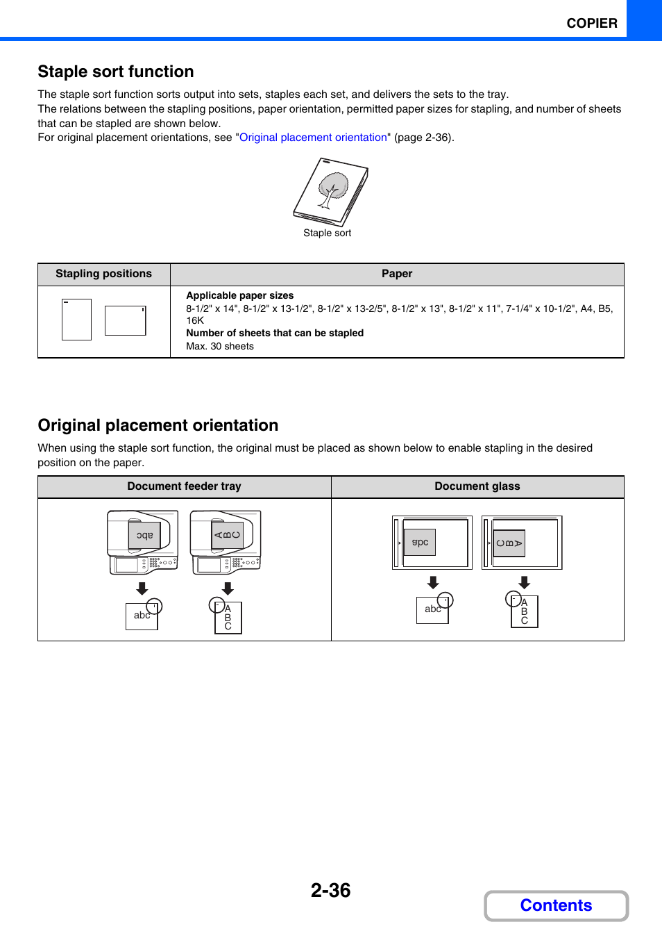 Staple sort function, E 2-36), Contents staple sort function | Original placement orientation | Sharp MX-C401 User Manual | Page 272 / 849