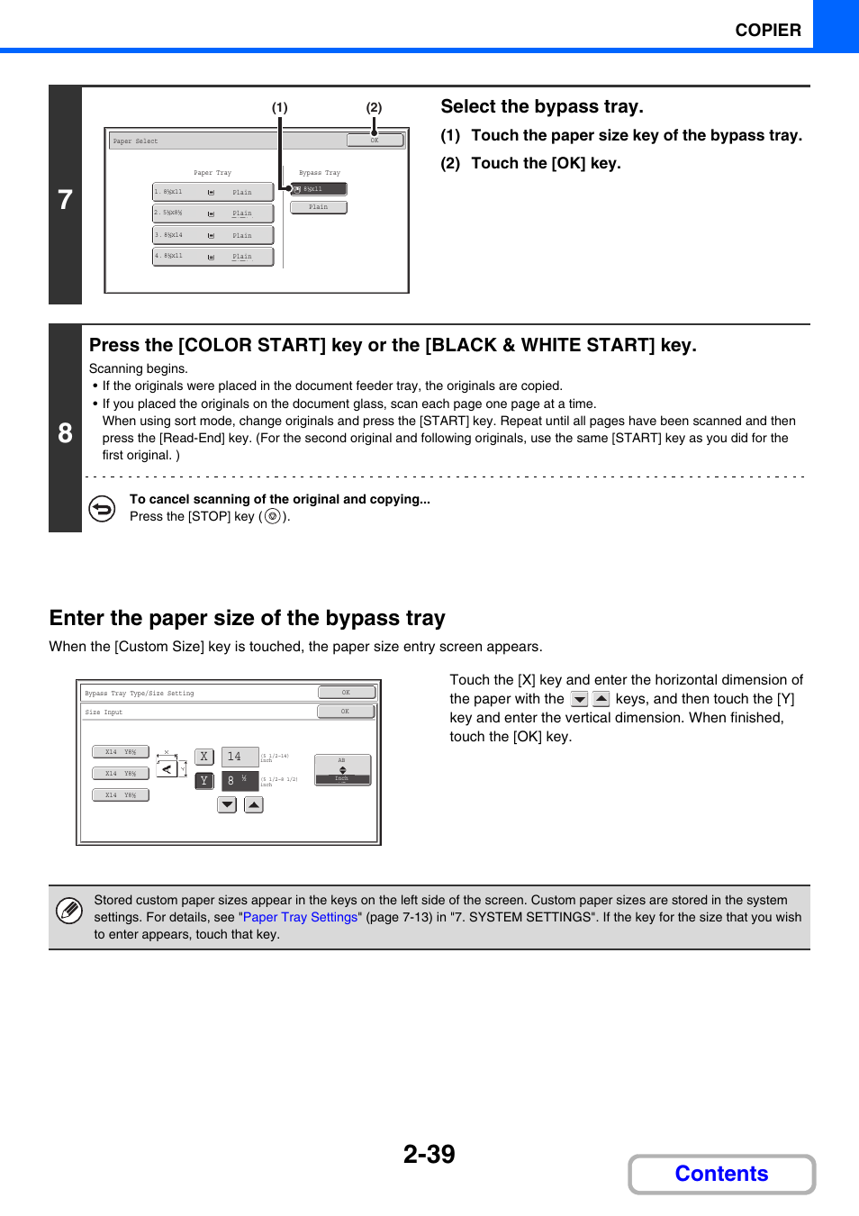 Enter the paper size of the bypass tray, Contents enter the paper size of the bypass tray, Select the bypass tray | Copier | Sharp MX-C401 User Manual | Page 275 / 849