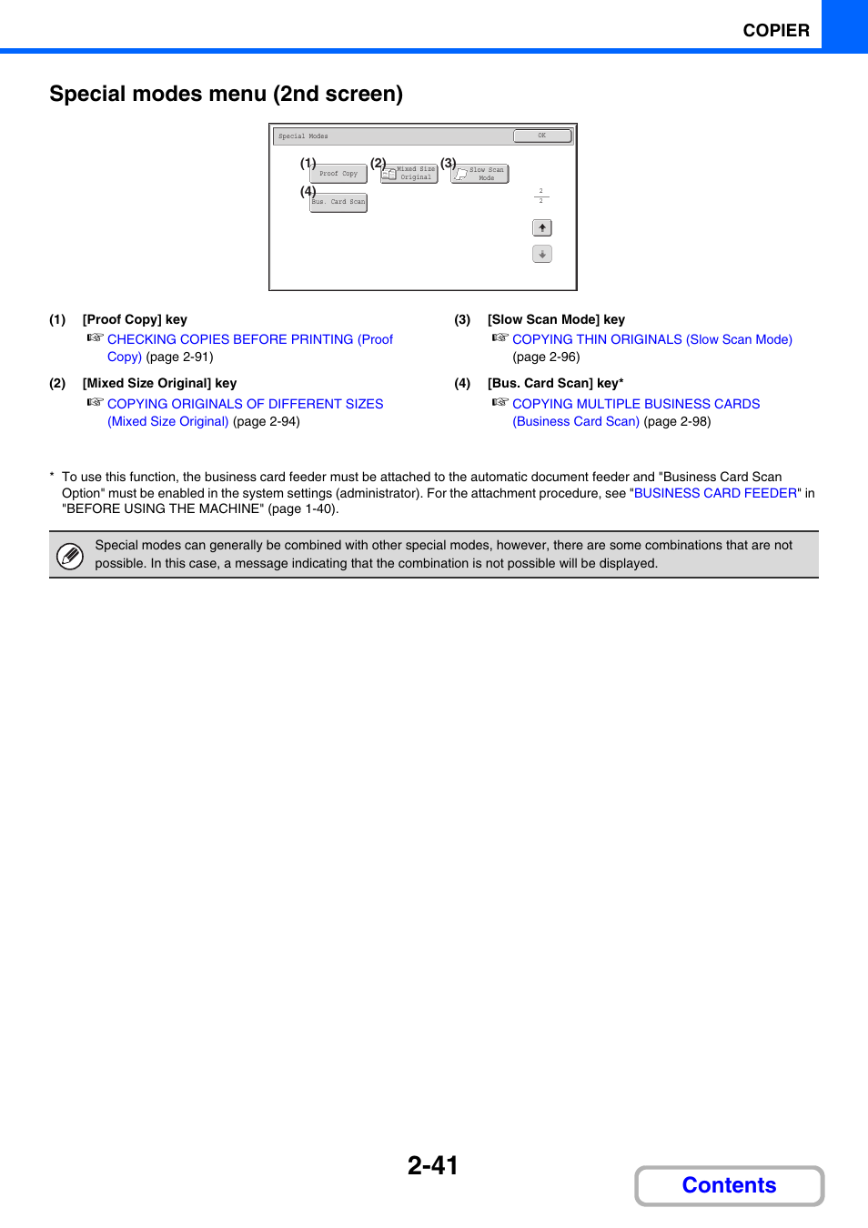 Contents special modes menu (2nd screen), Copier | Sharp MX-C401 User Manual | Page 277 / 849