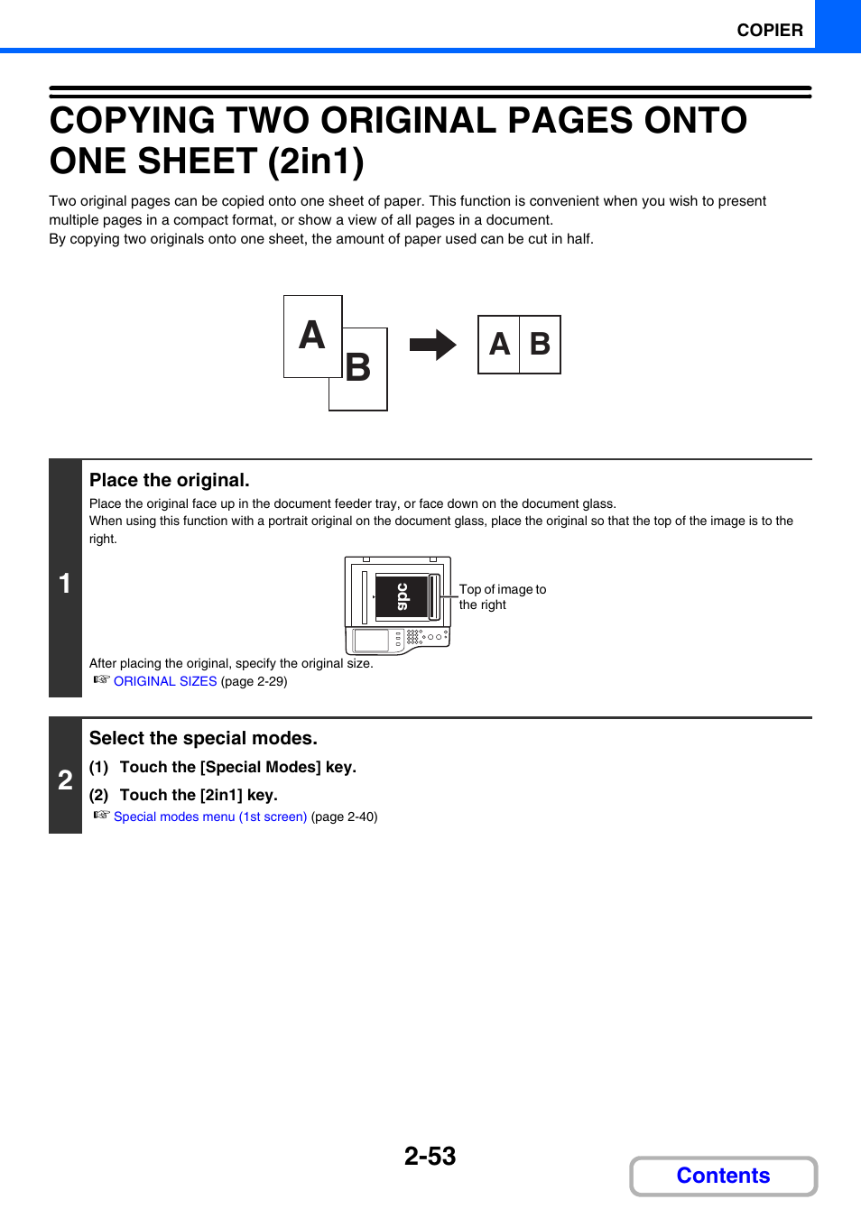 Copying two original pages onto one sheet (2in1) | Sharp MX-C401 User Manual | Page 289 / 849