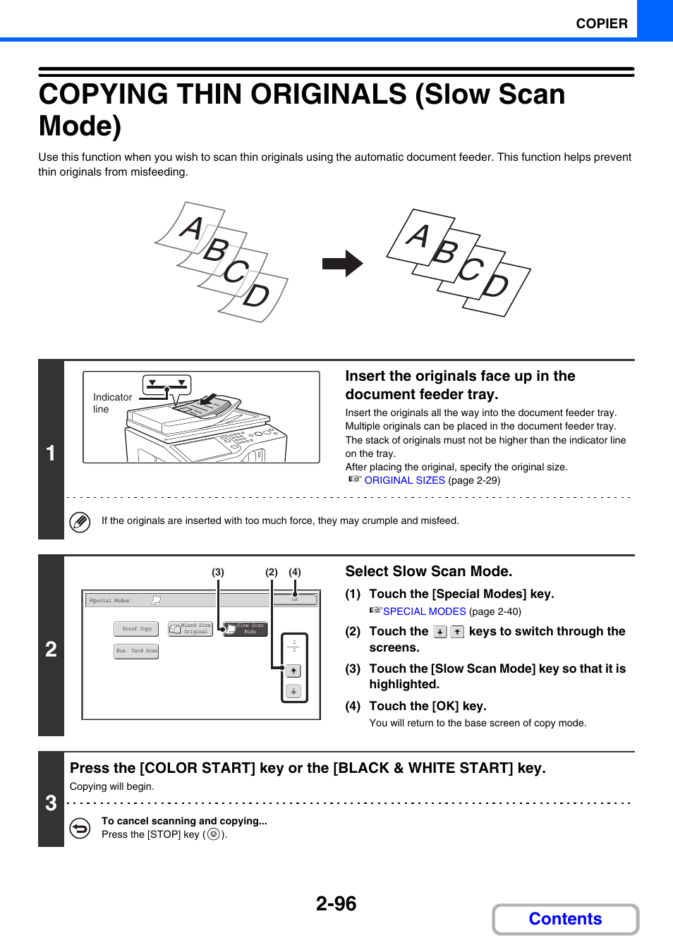 Z copy a thin original, Copying thin originals (slow scan mode) -96, Copying thin originals (slow scan mode) | Ge 2-96) | Sharp MX-C401 User Manual | Page 332 / 849