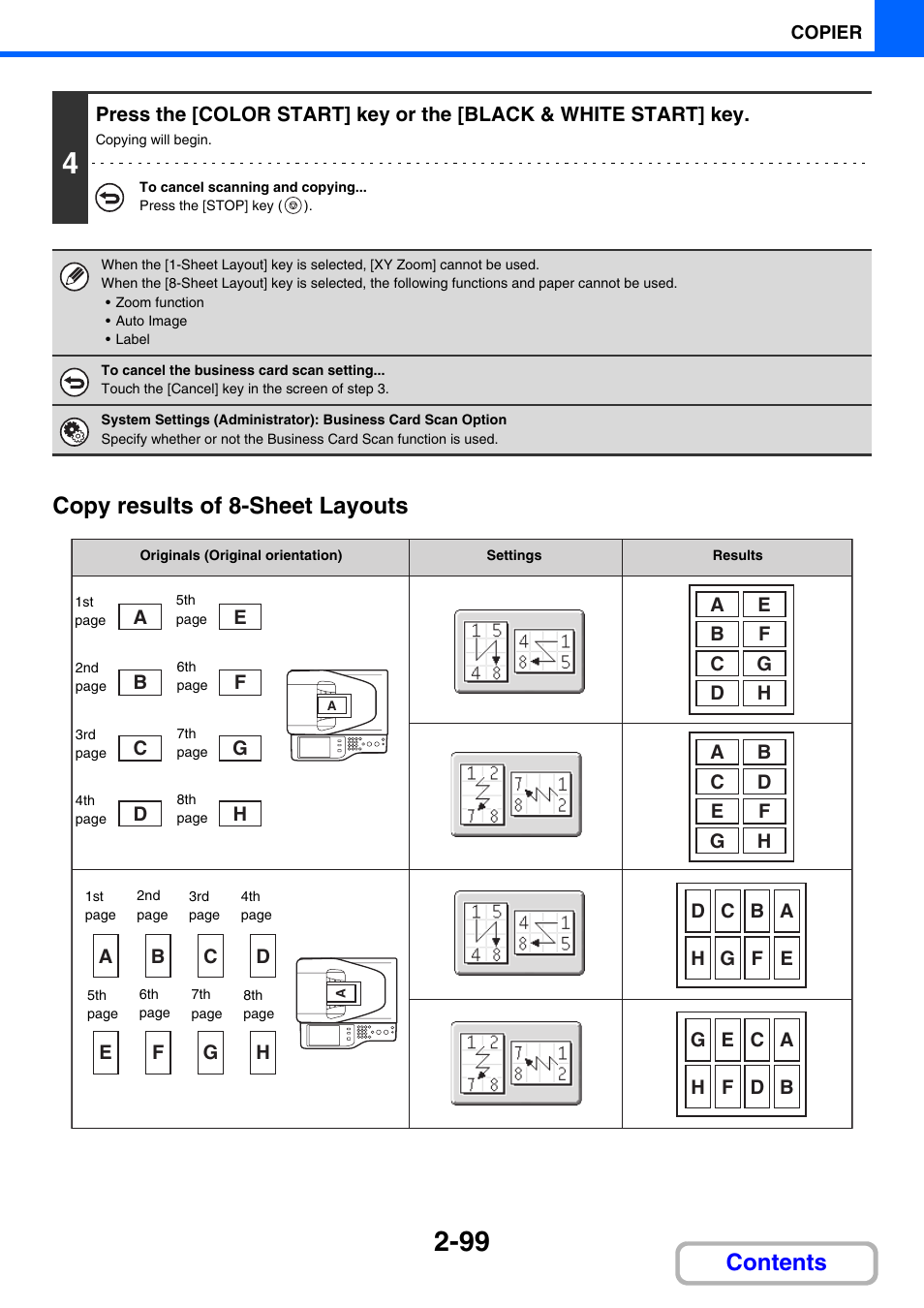 Copy, Results of 8-sheet layouts, Ge 2-99.) | Contents copy results of 8-sheet layouts | Sharp MX-C401 User Manual | Page 335 / 849