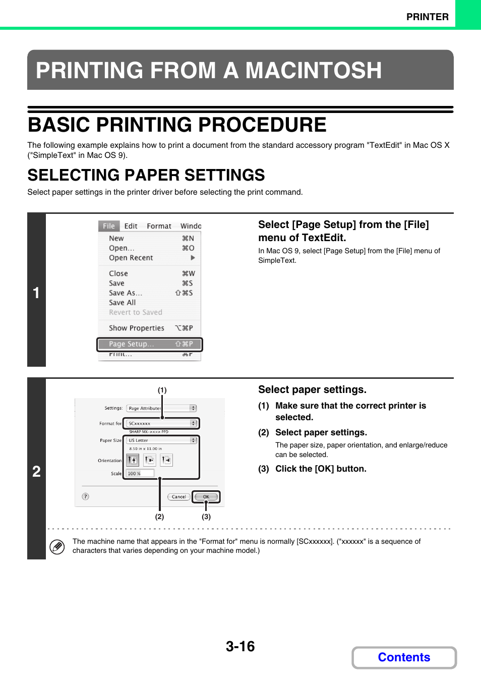 Printing from a macintosh, Basic printing procedure -16, Selecting paper settings -16 | Basic printing procedure, Selecting paper settings | Sharp MX-C401 User Manual | Page 362 / 849