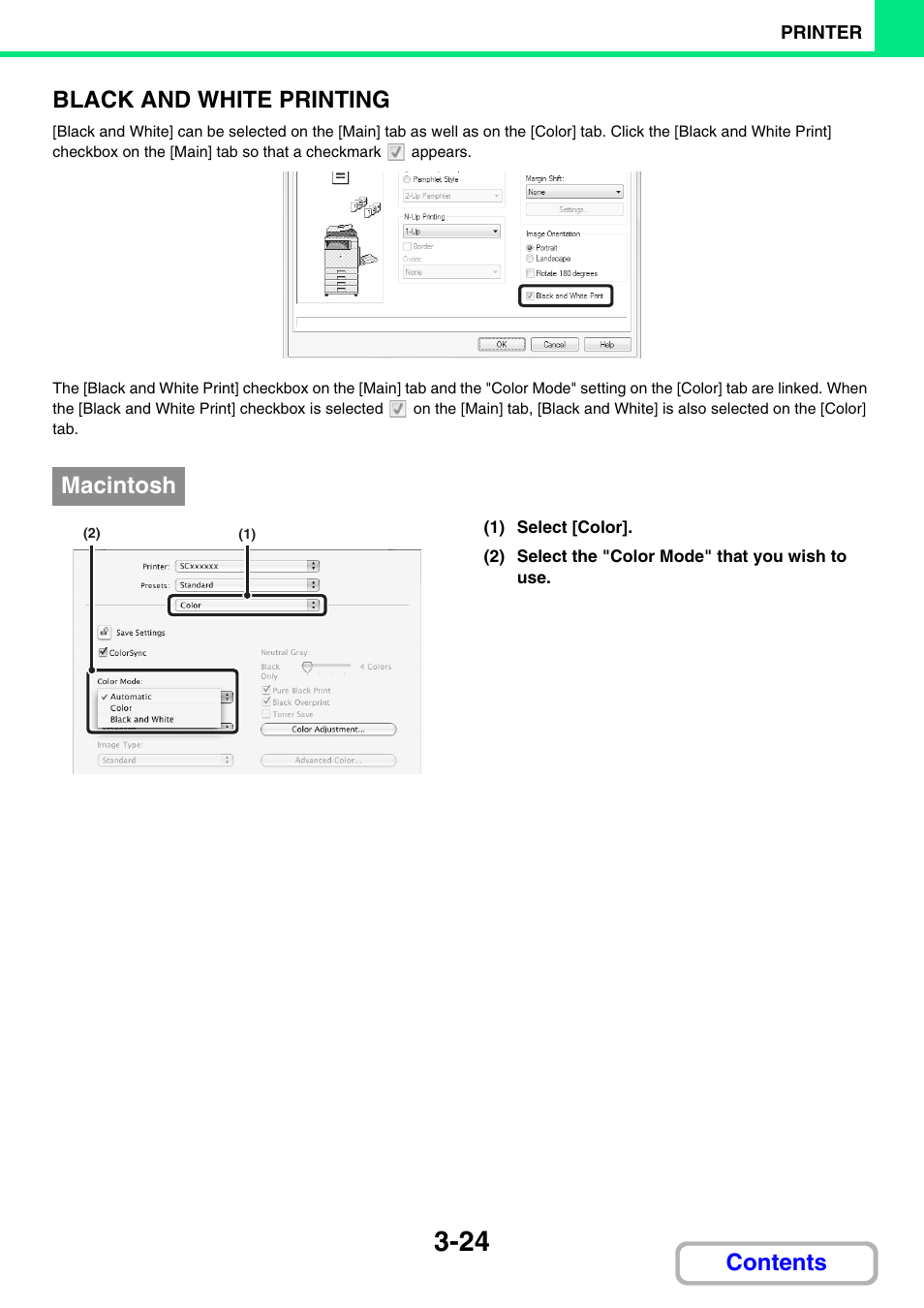 Black and, White printing, Black and white | Printing, Contents black and white printing, Macintosh | Sharp MX-C401 User Manual | Page 370 / 849