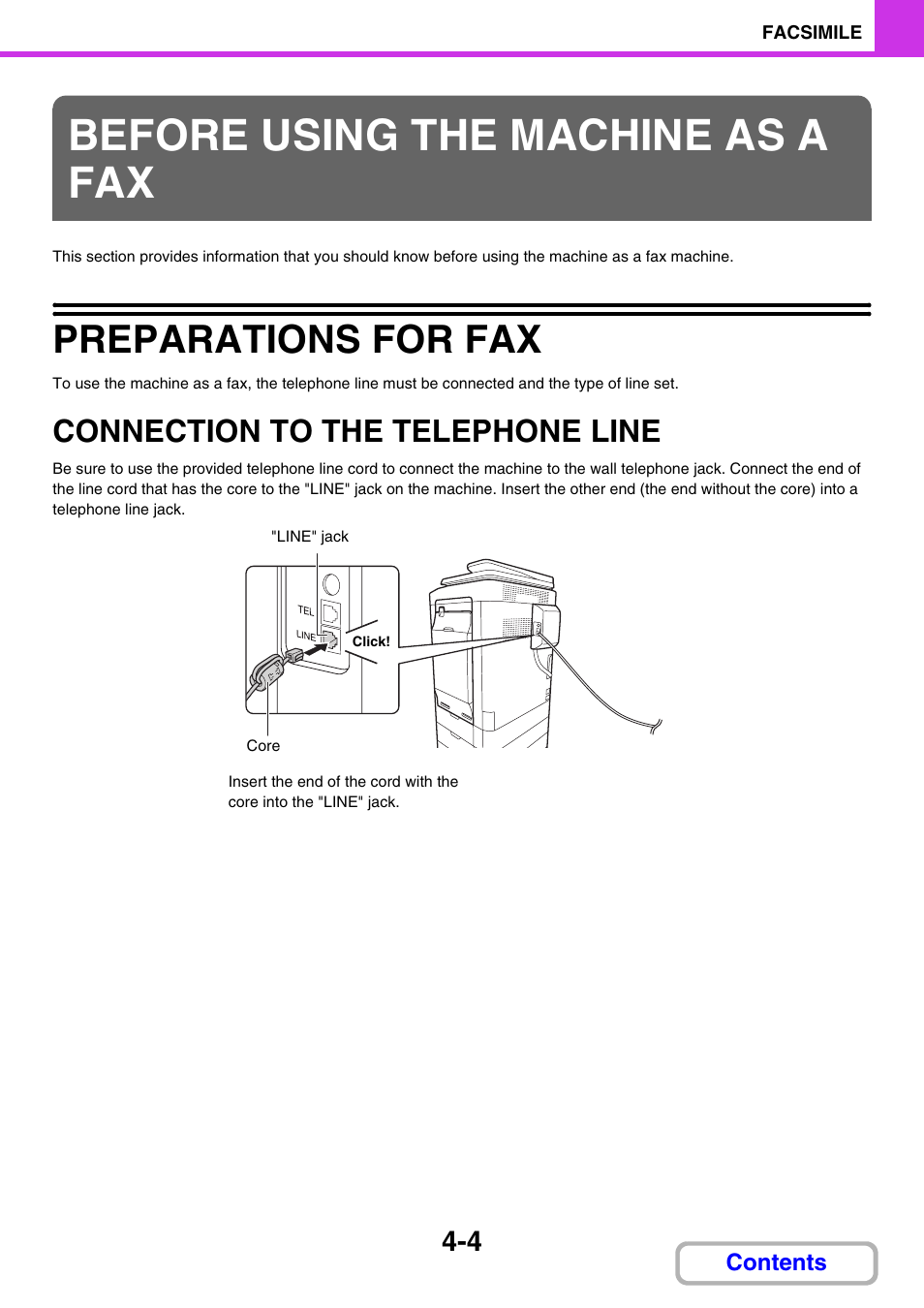 Before using the machine as a fax, Preparations for fax -4, Connection to the telephone | Line -4, Preparations for fax, Connection to the telephone line | Sharp MX-C401 User Manual | Page 422 / 849